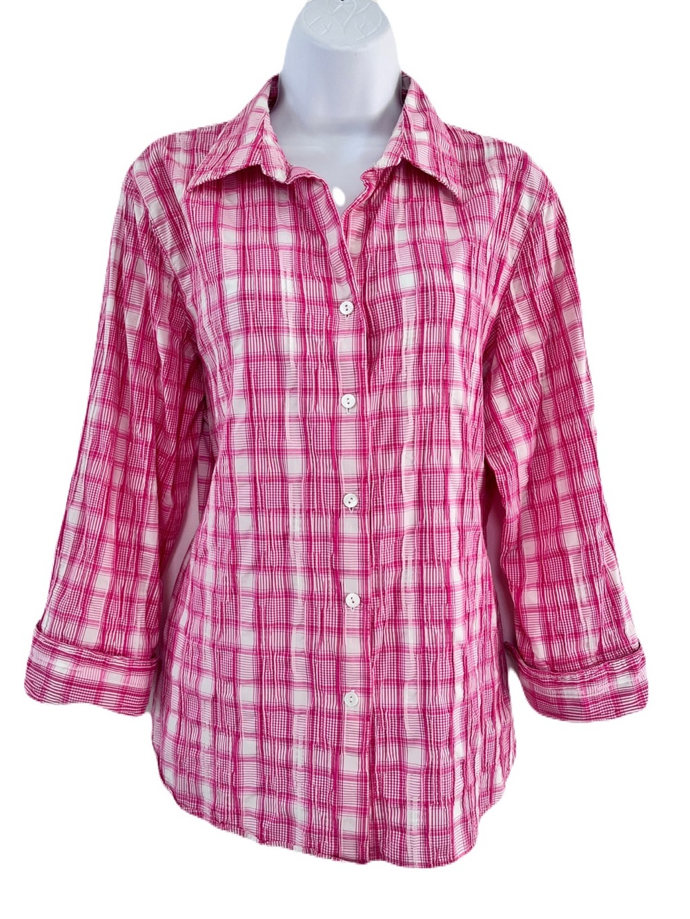 Foxcroft Pink and White Plaid Pleated 3/4 Sleeve Button Down Top, Size 16